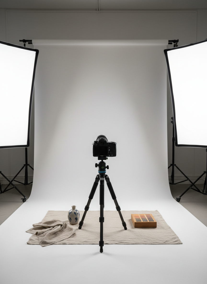 A meticulously arranged tabletop scene inside a professional photo studio, featuring a high-end mirrorless camera on a sturdy tripod aimed at a simple white backdrop. On the backdrop rests a small ceramic vase with subtle blue glazing, a neatly folded linen cloth, and a wooden color chart block. Soft, diffused studio lighting from large softboxes on either side creates gentle, even illumination with barely visible shadows. The mood is calm, precise, and focused on craftsmanship. Shot at eye level with a moderate depth of field, the camera, lights, and backdrop form a clean, modern composition that showcases the careful, professional environment of a dedicated photography studio specializing in objects and memories.