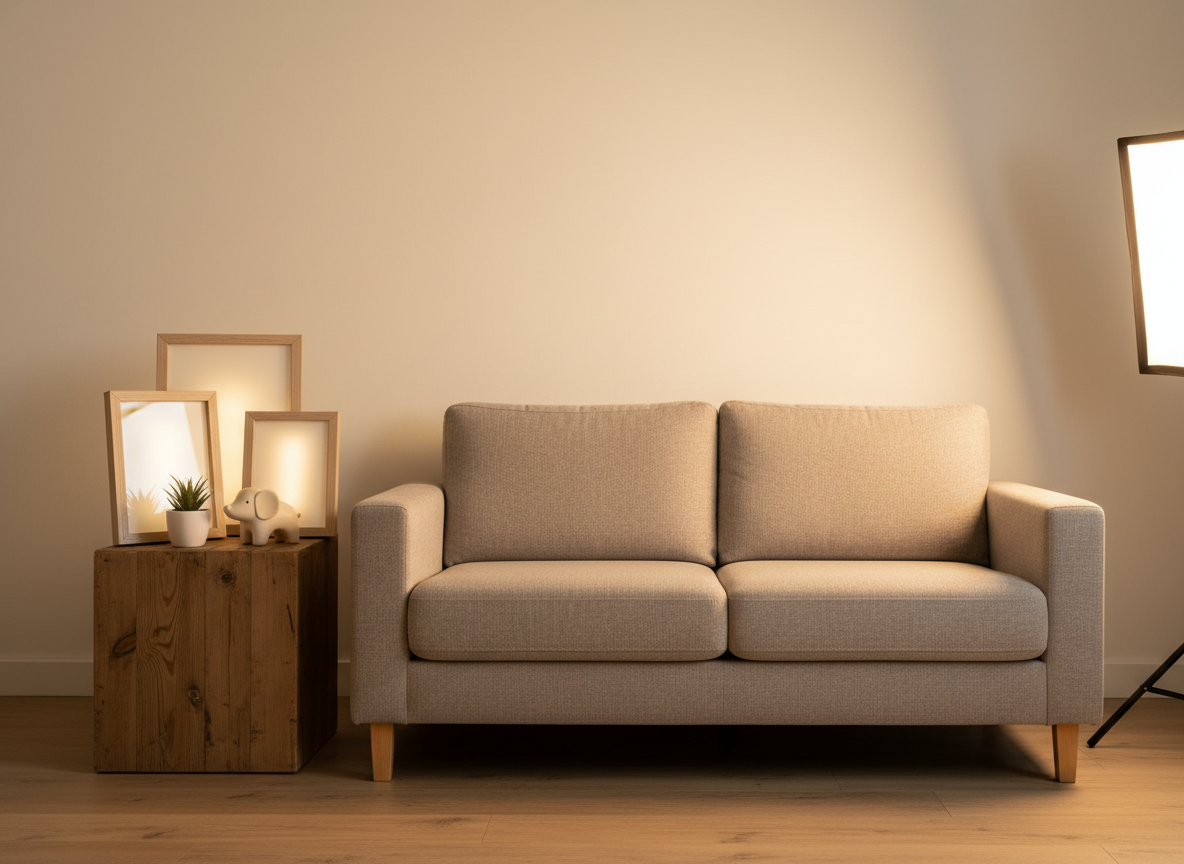 A warm, homely living-room-like studio setting designed for family mementos, with a simple neutral sofa and a small wooden side table arranged against a plain, light-colored wall. On the table stand a cluster of framed photographs with blank, softly glowing surfaces, a small potted plant, and a ceramic toy figure. Gentle afternoon light filters through an unseen window, supplemented by a diffused continuous light source, casting soft, comforting shadows. The composition is photographed at eye level with a slightly wide lens, encompassing the cozy scene while keeping details sharp. The mood is nostalgic and tender, suggesting cherished family memories captured and preserved, without showing any actual people, in a clean, photographic realism style suitable for a professional portrait studio.