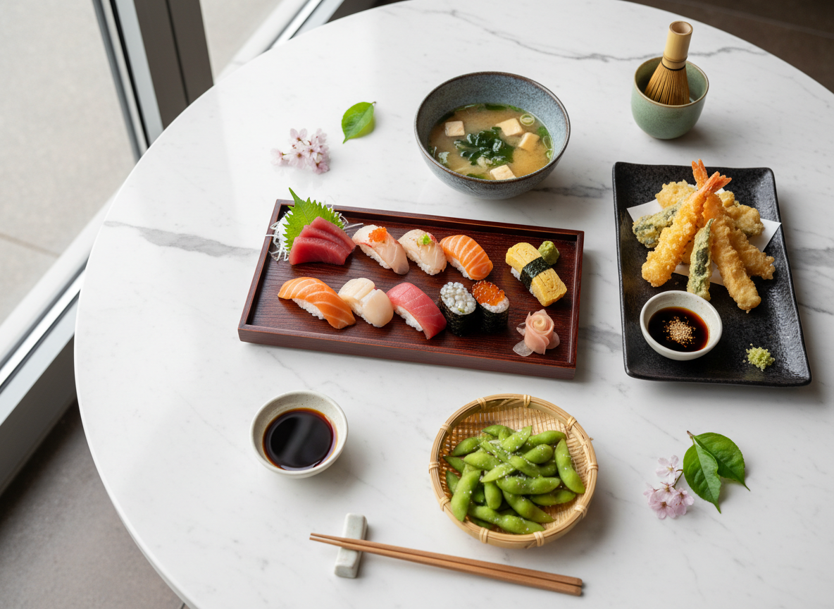 プロが撮影した日本料理の俯瞰写真、清潔な白い背景に美しく盛り付けられた料理